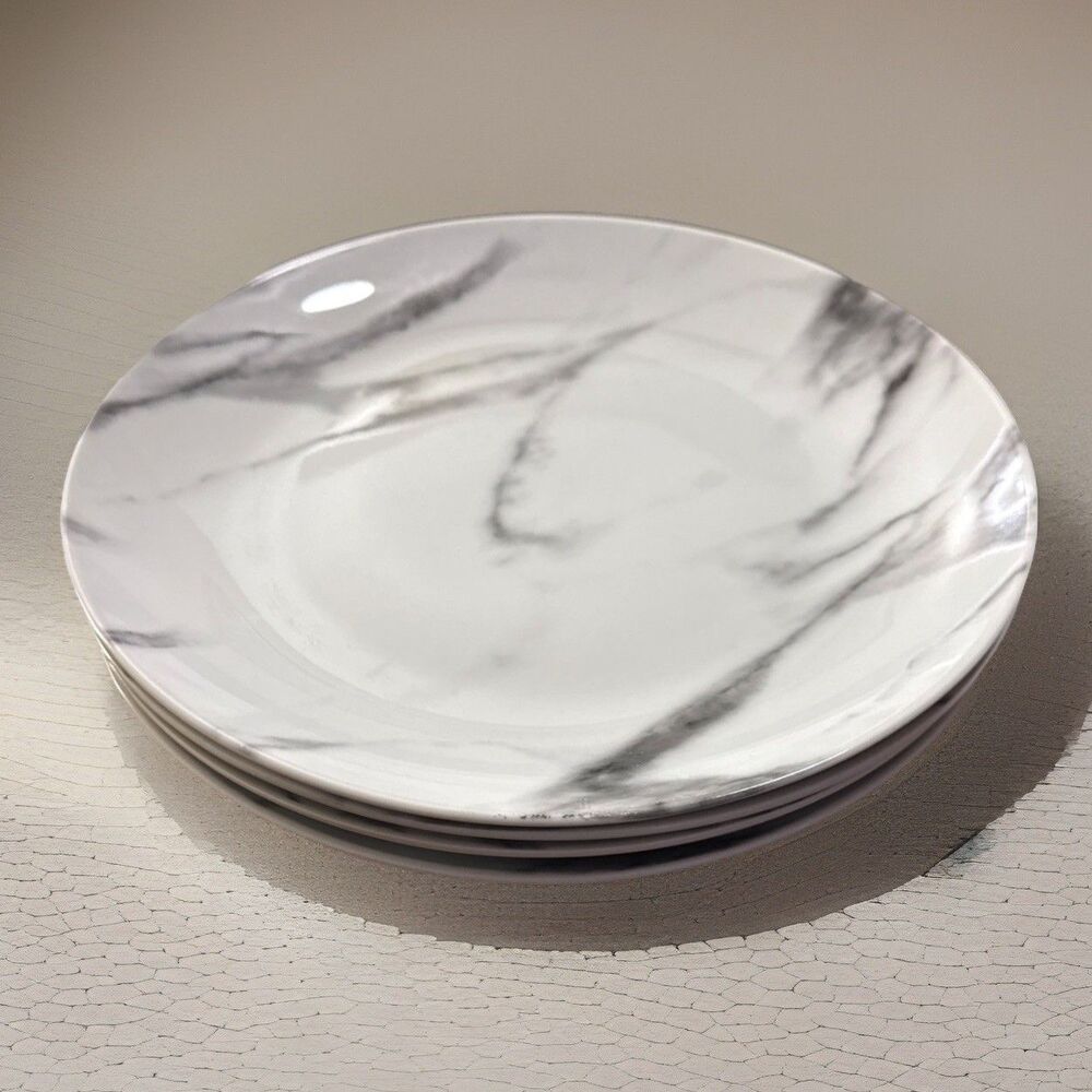 H2K Home To Kitchen Grey Marble Porcelain 10” Dinner Plates - Set Of 4 NEW